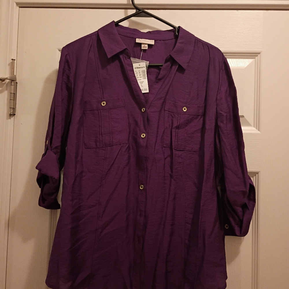 New Ladies Dress Barn Purple Button-Up 3/4 Sleeve  Blouse